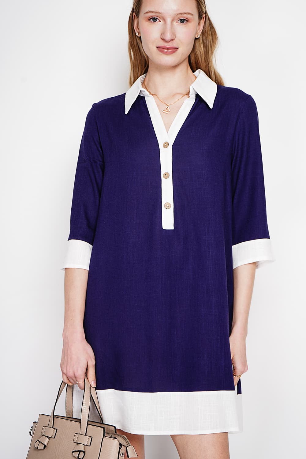Robe chemise bi-couleur designer boutonnée devant à manche 3/4 8