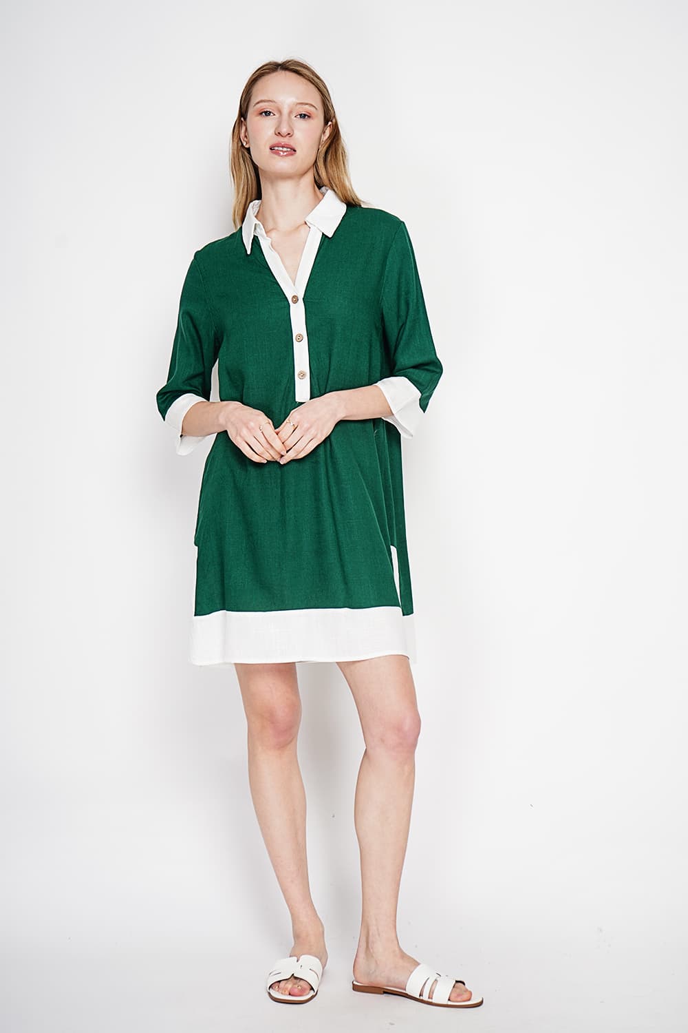 Robe chemise bi-couleur designer boutonnée devant à manche 3/4 9