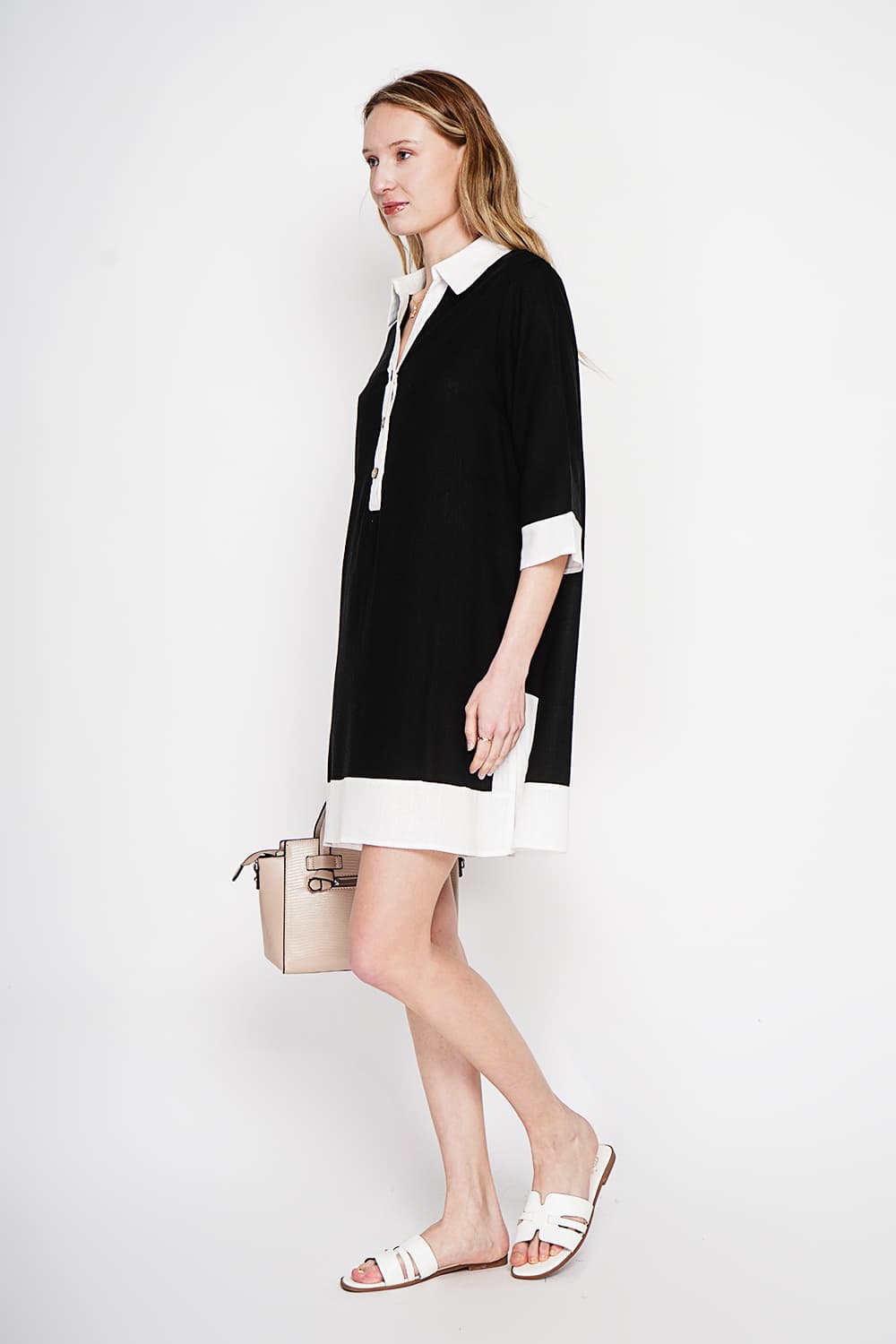Robe chemise bi-couleur designer boutonnée devant à manche 3/4 13