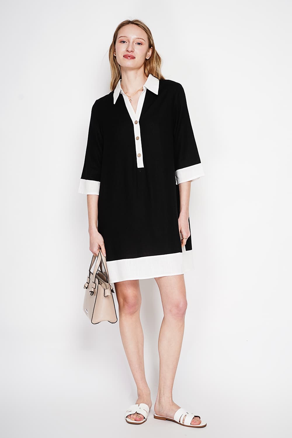 Robe chemise bi-couleur designer boutonnée devant à manche 3/4 16