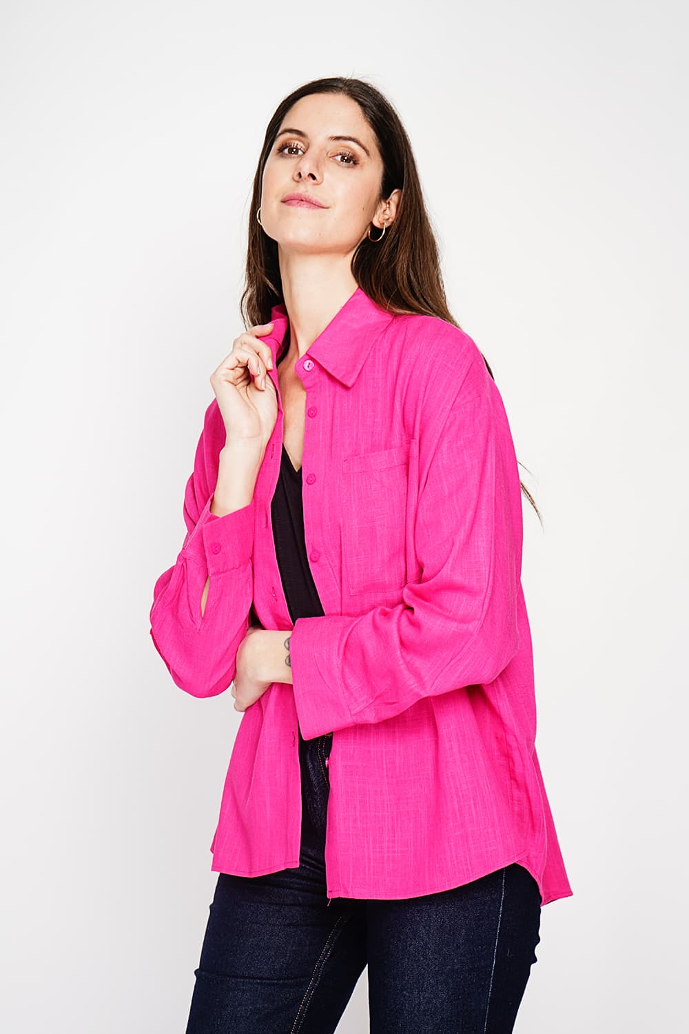 Chemise longue coupe oversize Poche poitrine à manches longues 18