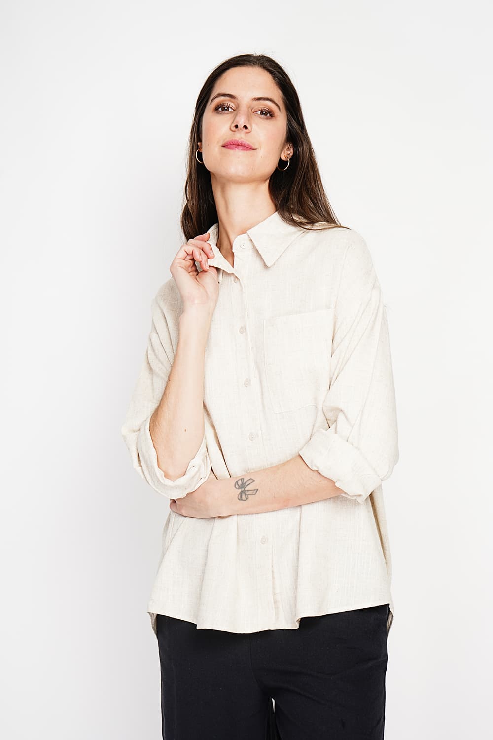 Chemise longue coupe oversize Poche poitrine à manches longues 21