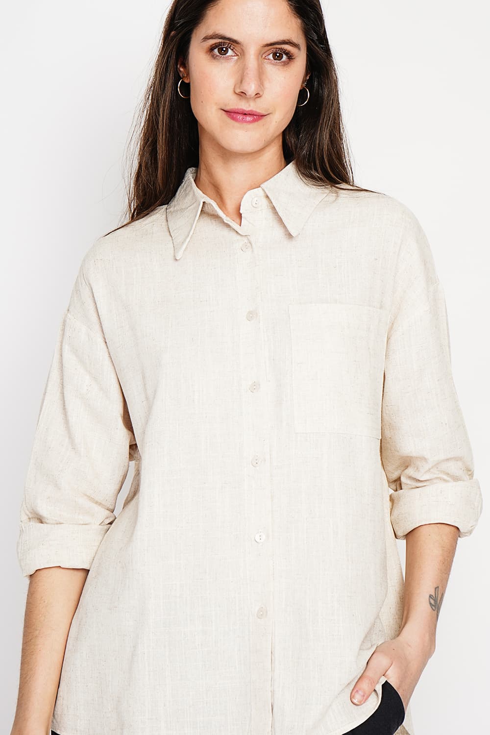 Chemise longue coupe oversize Poche poitrine à manches longues 24
