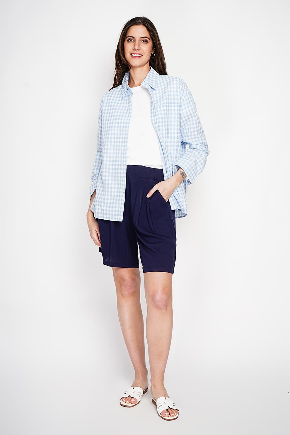 Chemise longue coupe oversize Poche poitrine à manches longues à carreaux 1