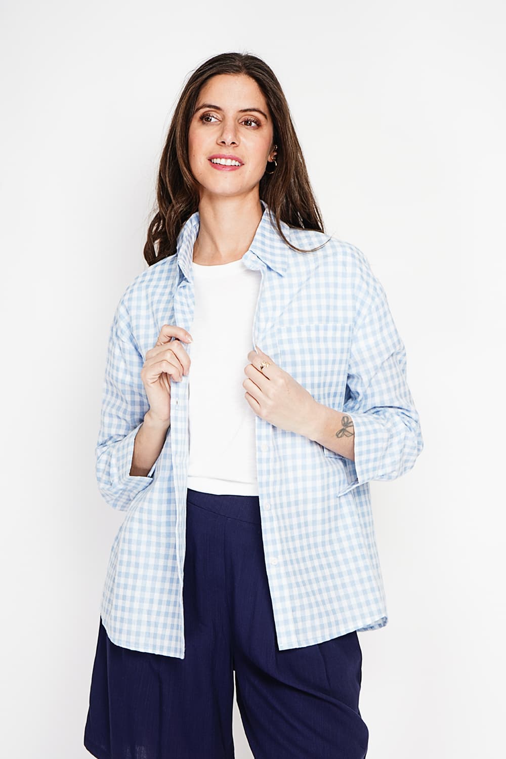 Chemise longue coupe oversize Poche poitrine à manches longues à carreaux 4