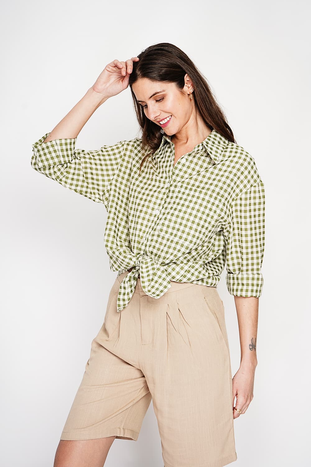 Chemise longue coupe oversize Poche poitrine à manches longues à carreaux 6