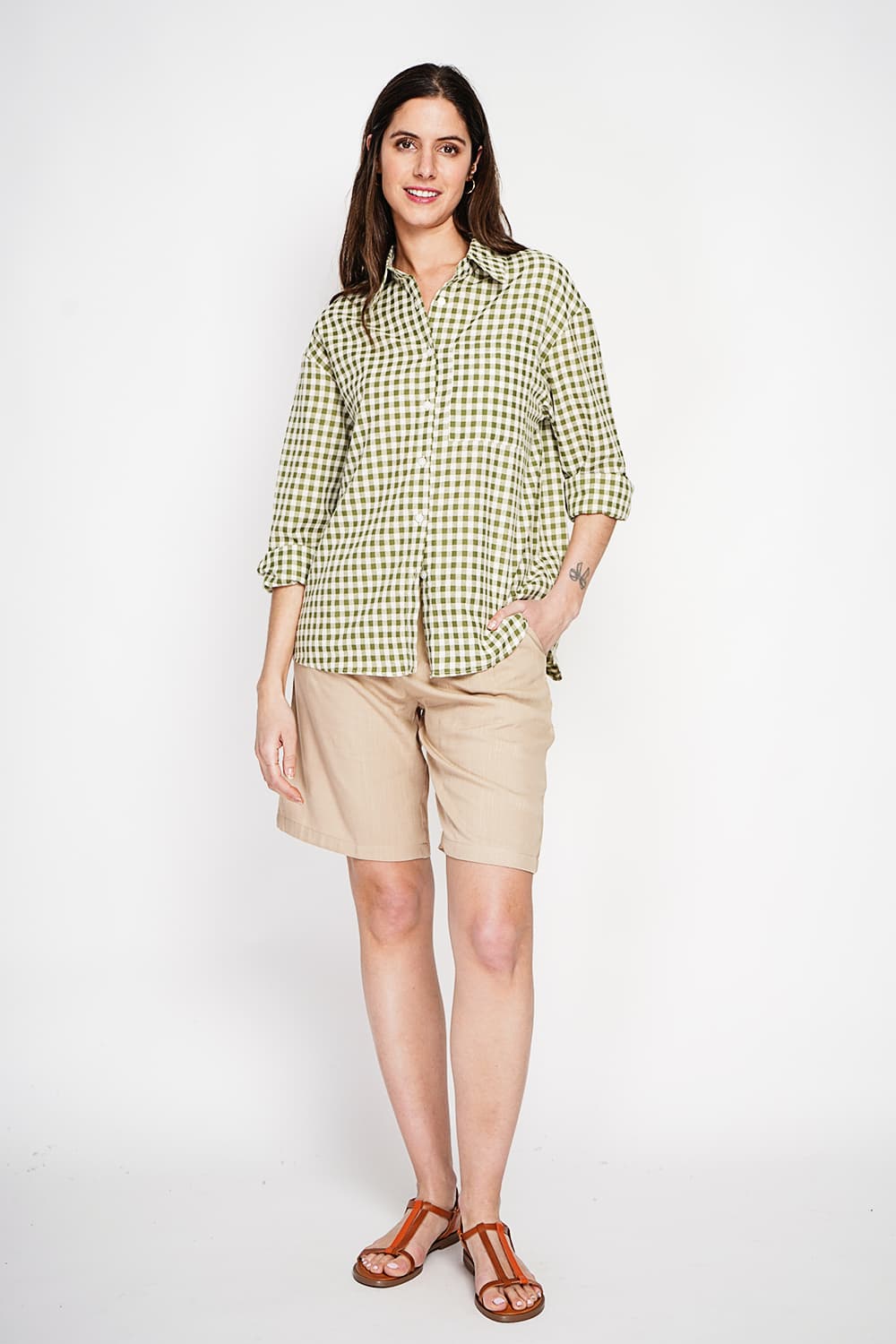 Chemise longue coupe oversize Poche poitrine à manches longues à carreaux 7