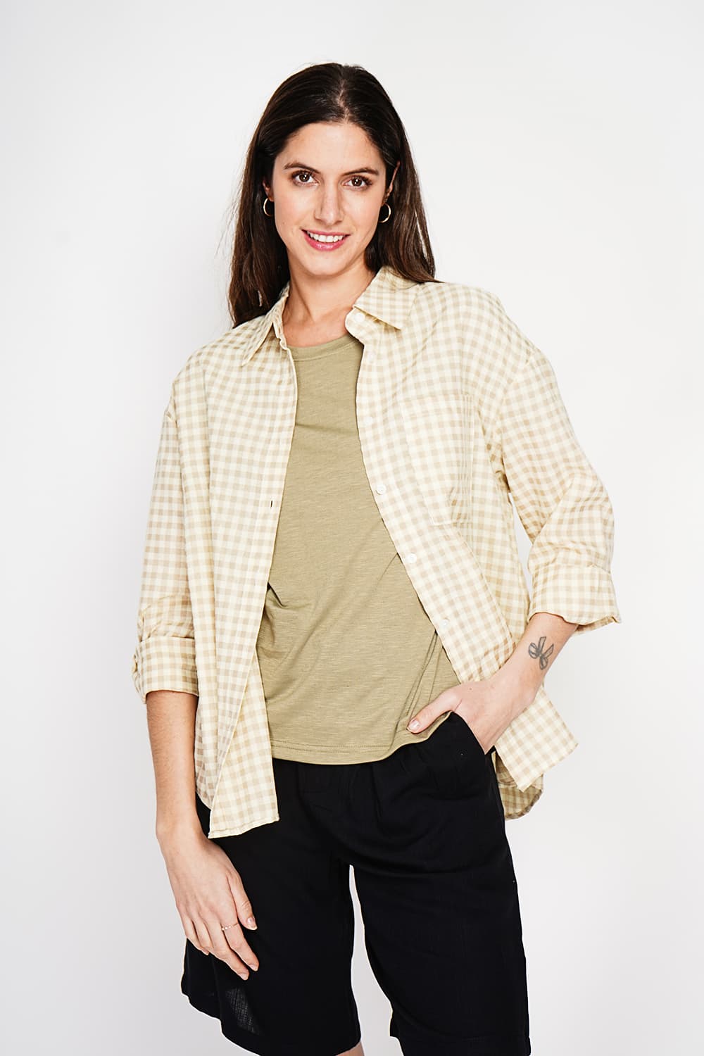 Chemise longue coupe oversize Poche poitrine à manches longues à carreaux 10