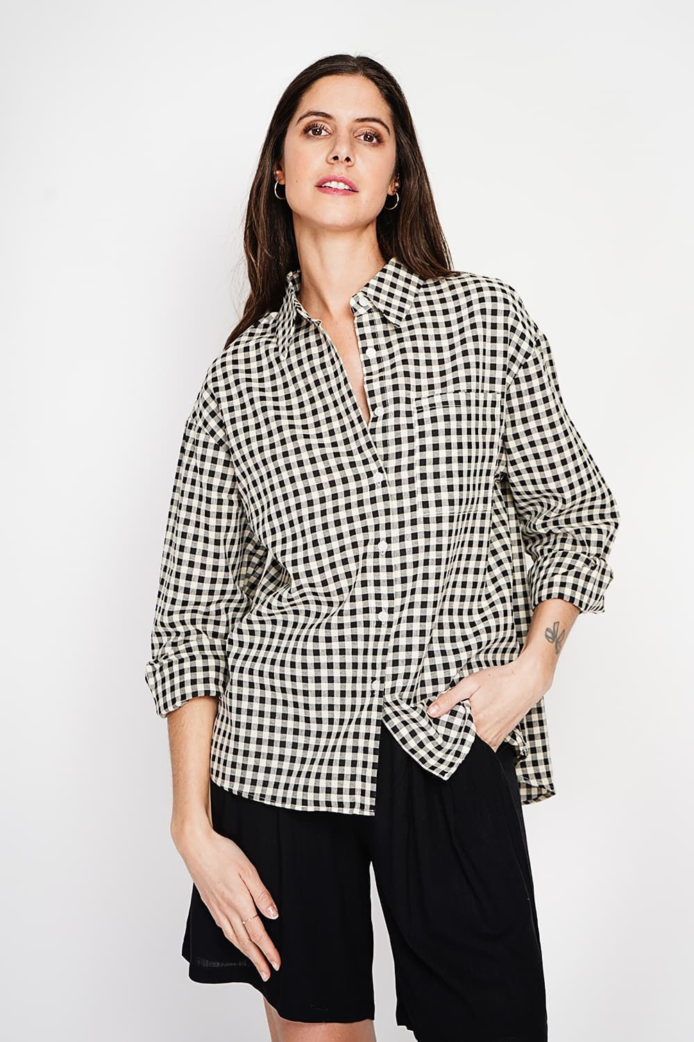 Chemise longue coupe oversize Poche poitrine à manches longues à carreaux 13