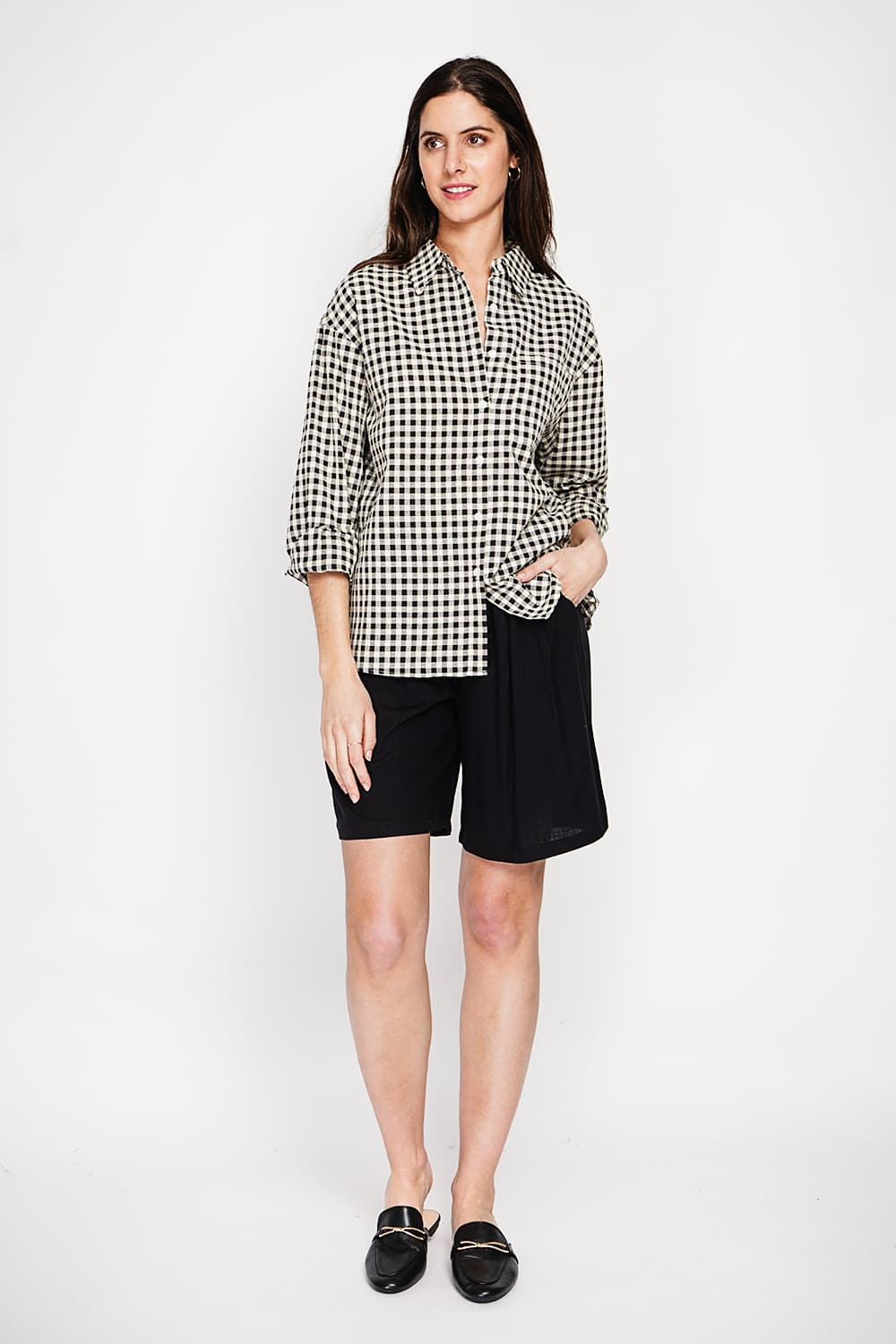 Chemise longue coupe oversize Poche poitrine à manches longues à carreaux 14