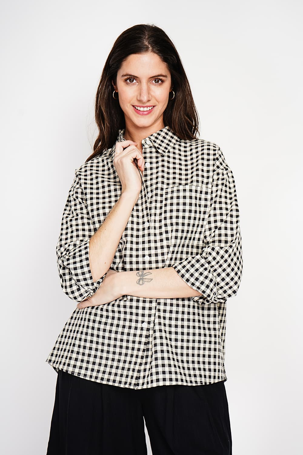 Chemise longue coupe oversize Poche poitrine à manches longues à carreaux 16