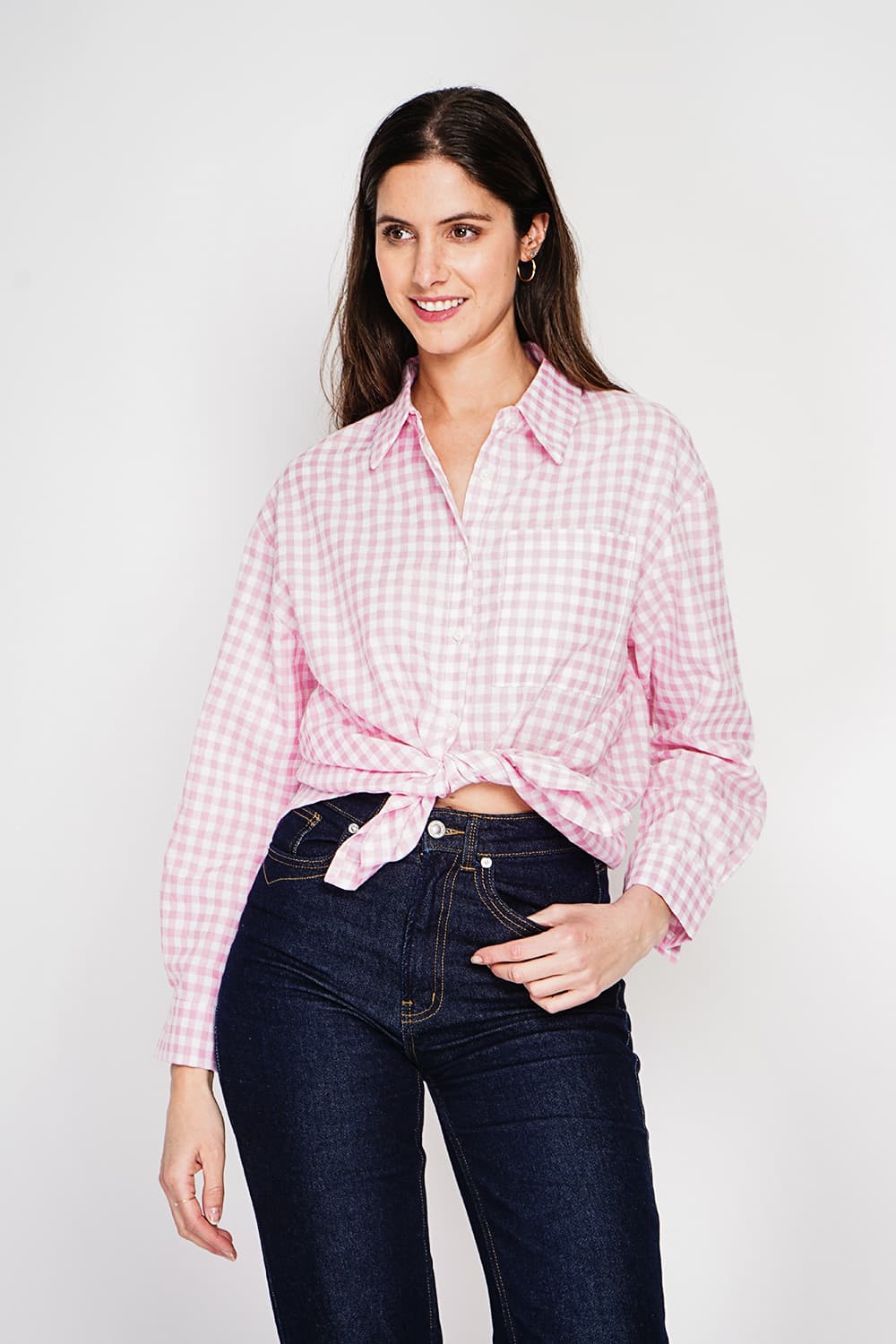 Chemise longue coupe oversize Poche poitrine à manches longues à carreaux 17