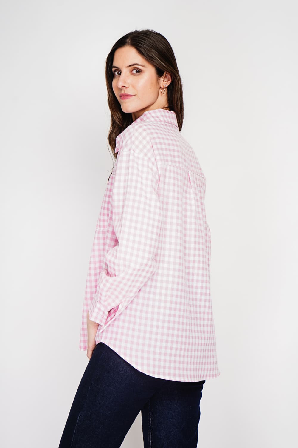 Chemise longue coupe oversize Poche poitrine à manches longues à carreaux 18