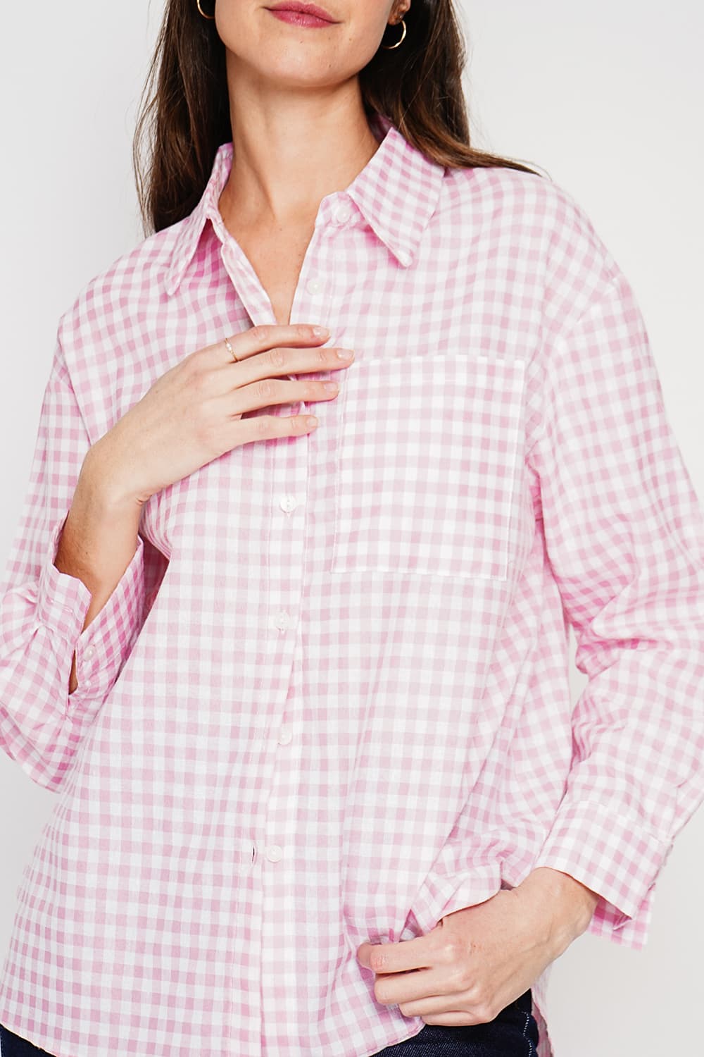 Chemise longue coupe oversize Poche poitrine à manches longues à carreaux 19