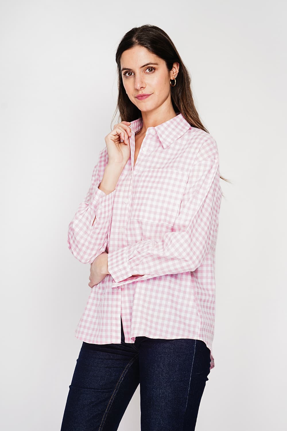 Chemise longue coupe oversize Poche poitrine à manches longues à carreaux 20
