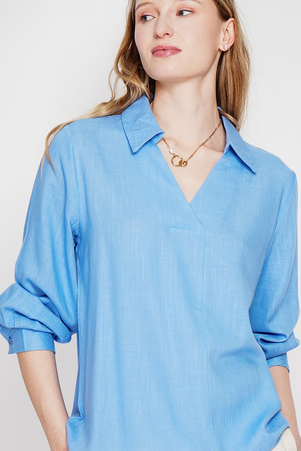 Blouse col chemise évasée à manche longueur 1