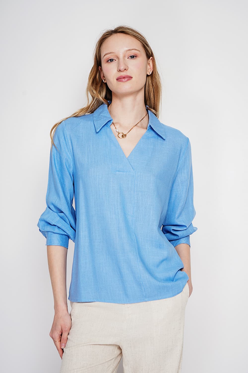 Blouse col chemise évasée à manche longueur 4