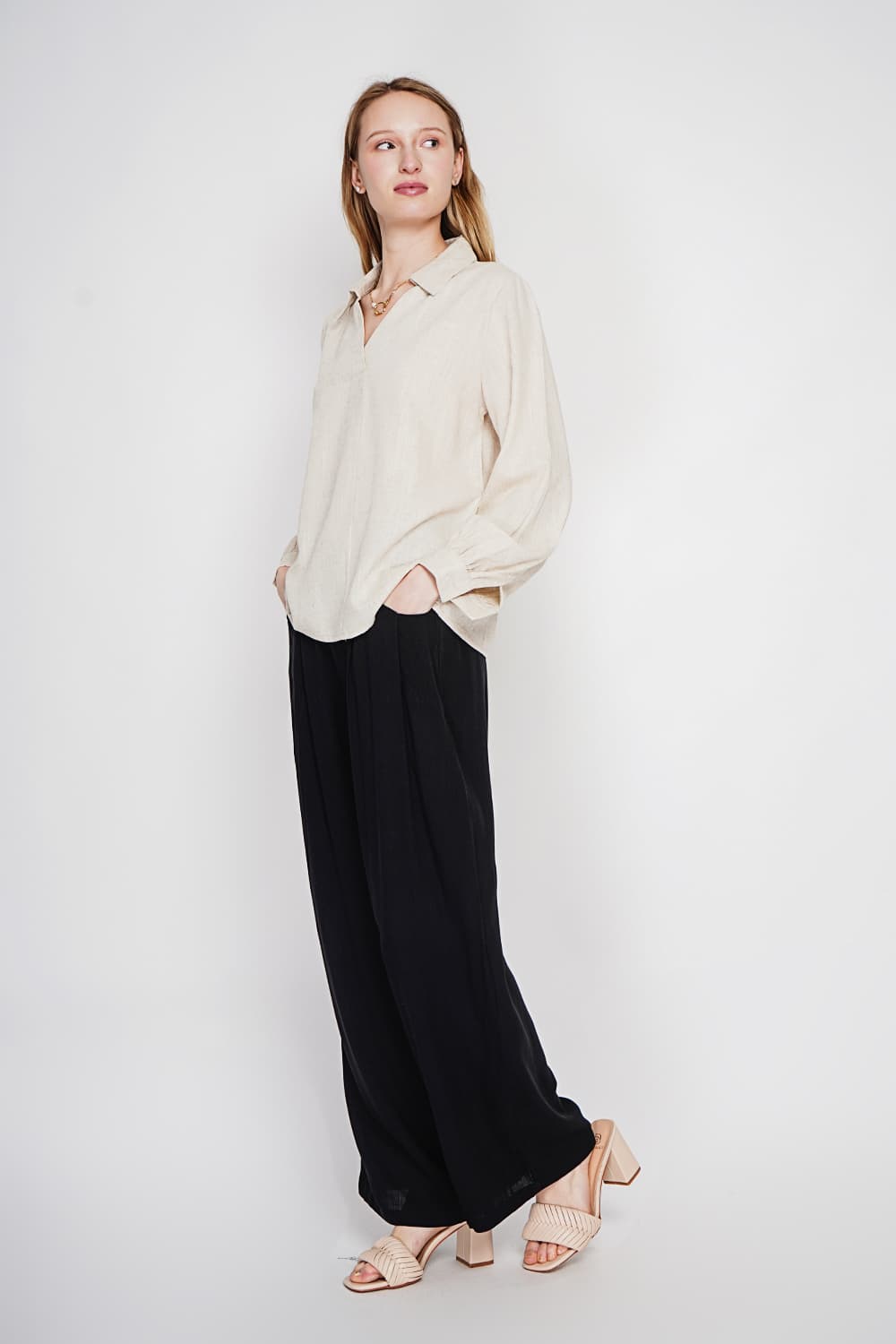 Blouse col chemise évasée à manche longueur 10