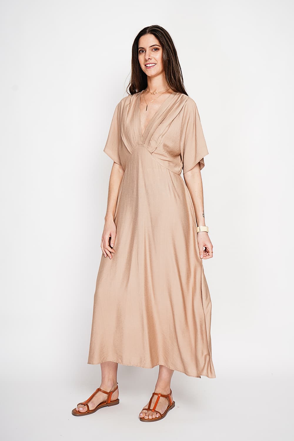 Robe longue col V à manches chauve-souris 13