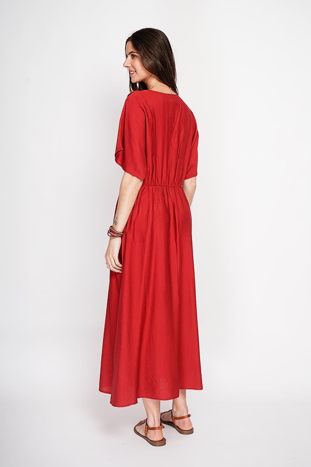Robe longue col V à manches chauve-souris 10