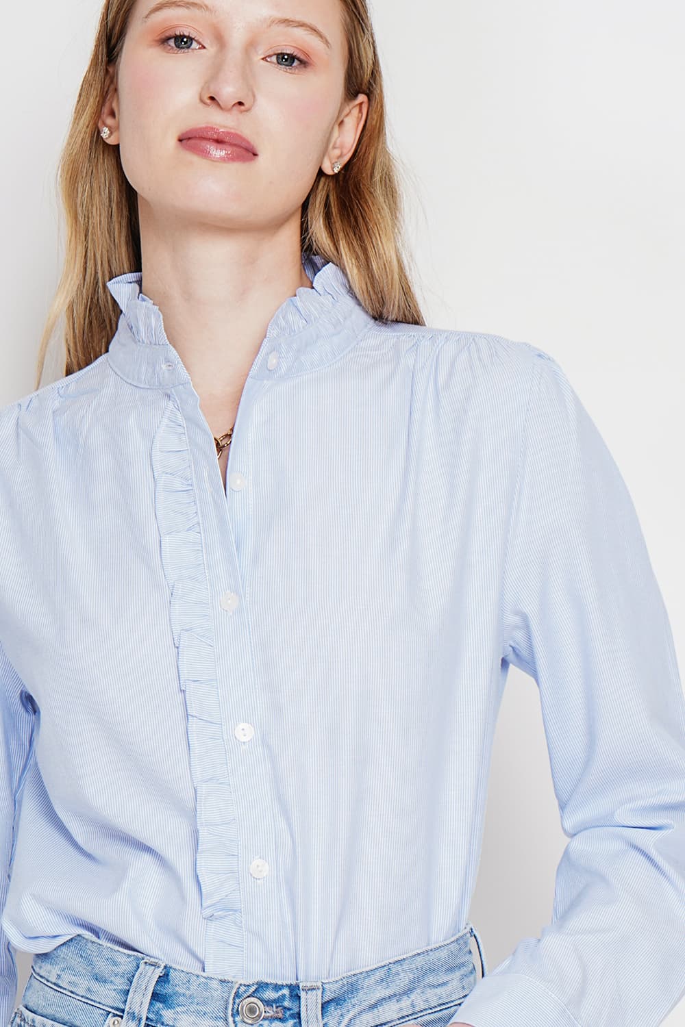 Chemise col montant rayée à manches longues boutonnée devant 1