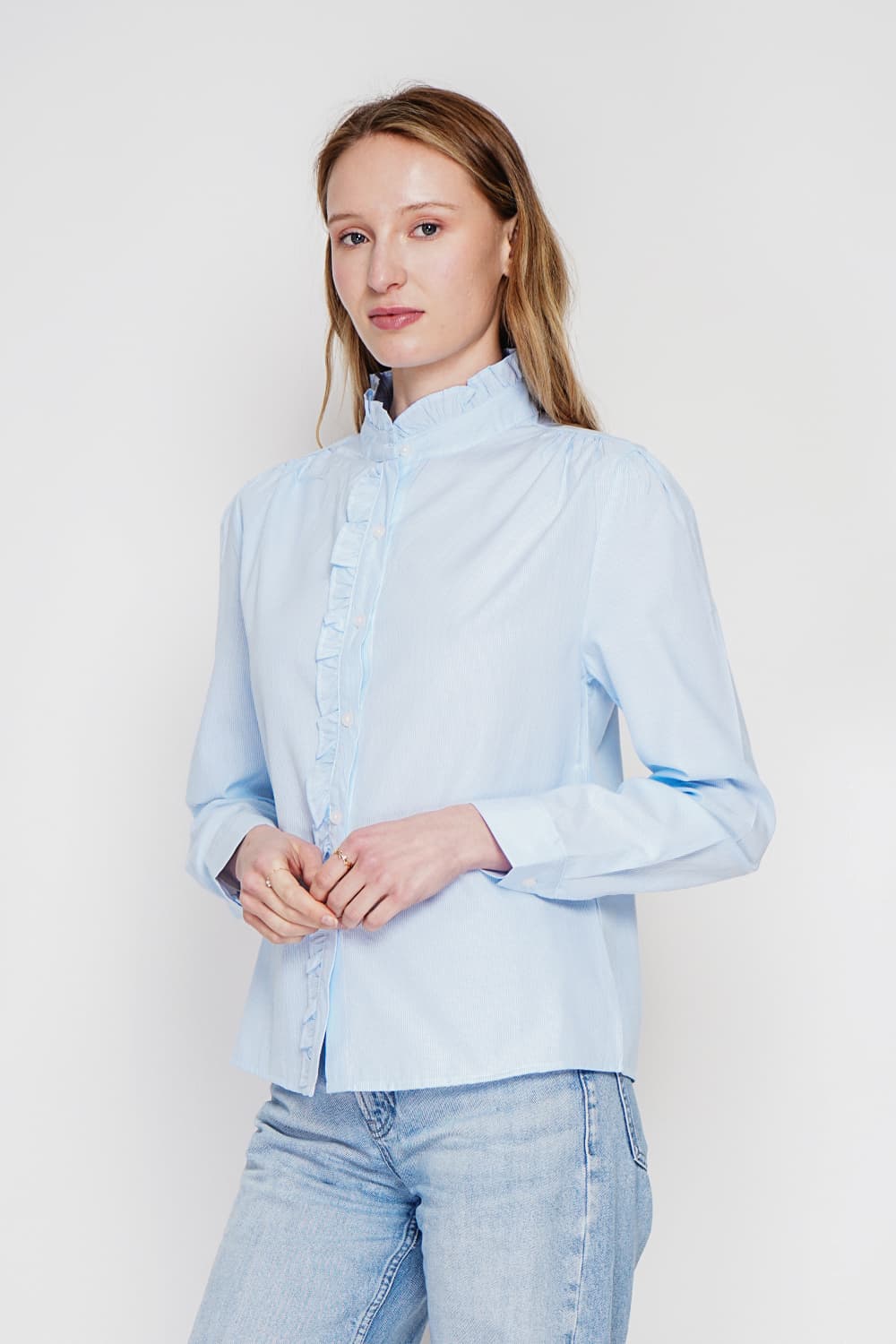 Chemise col montant rayée à manches longues boutonnée devant 6