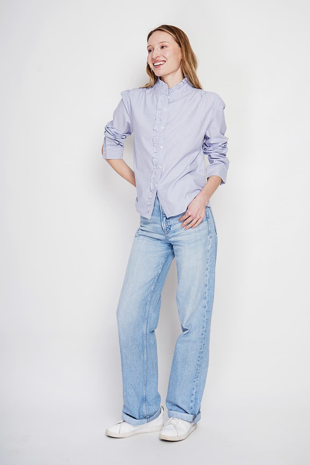Chemise col montant rayée à manches longues boutonnée devant 12