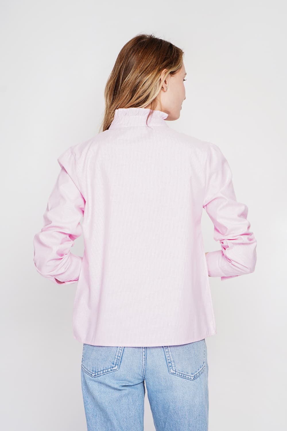 Chemise col montant rayée à manches longues boutonnée devant 15