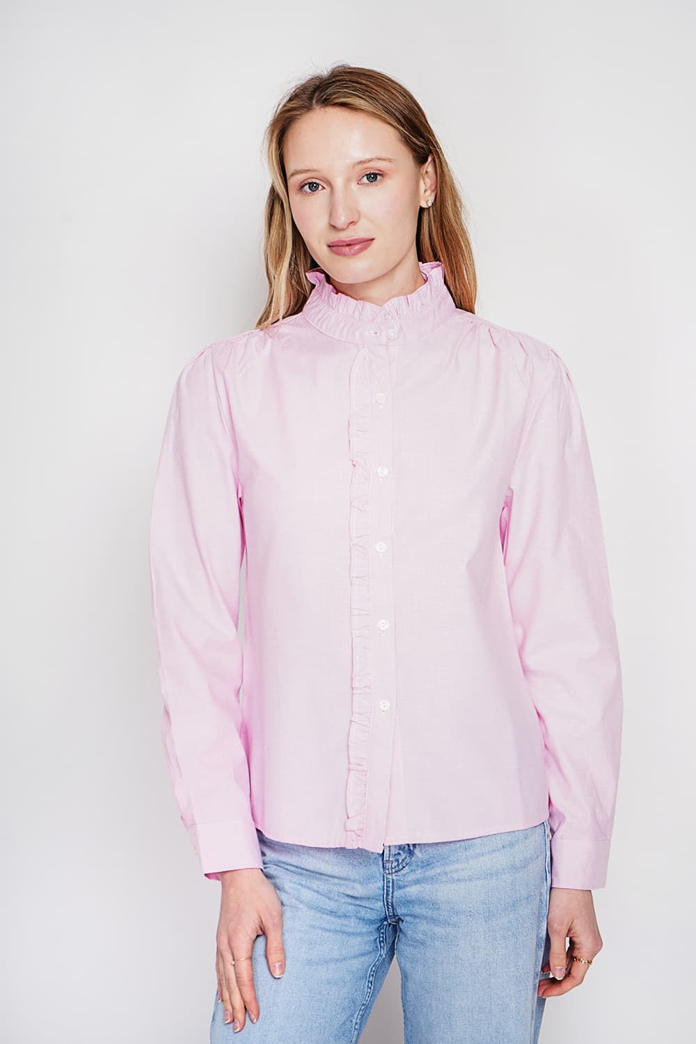 Chemise col montant rayée à manches longues boutonnée devant 16