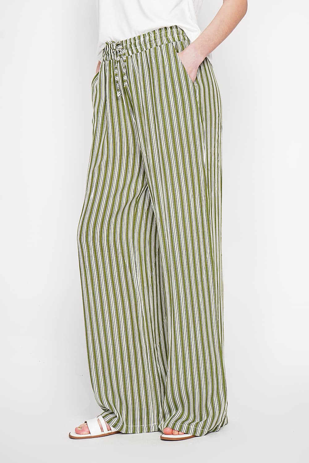 Pantalon taille haute à rayure avec cordons de serrage avec poches 1