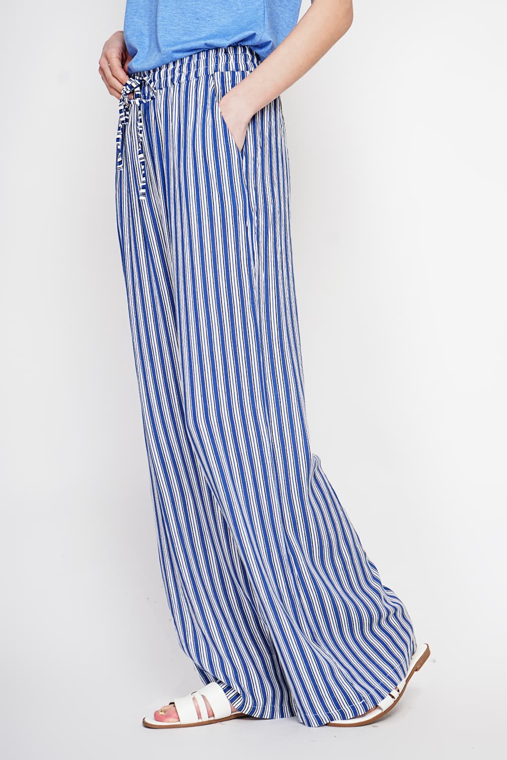 Pantalon taille haute à rayure avec cordons de serrage avec poches 5