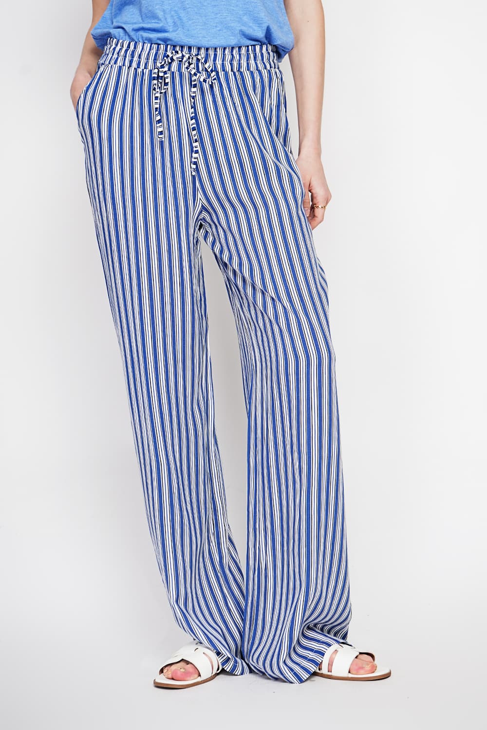 Pantalon taille haute à rayure avec cordons de serrage avec poches 8