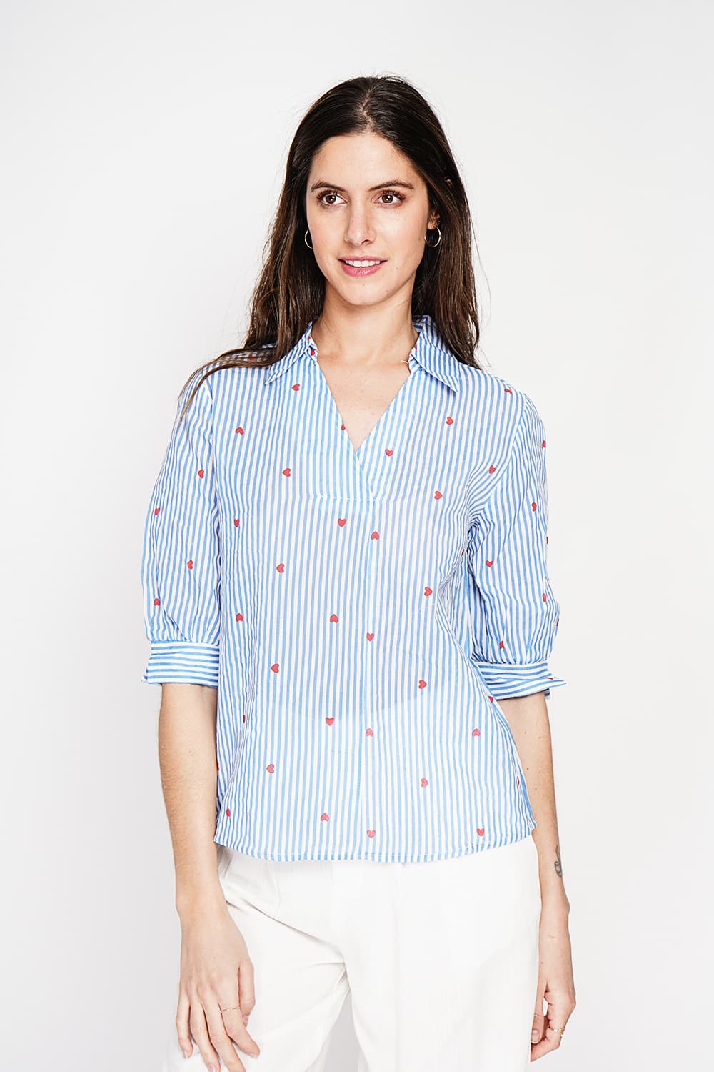 Blouse col chemise à rayure en coeur devant croisé en trapèze à manche 3/4 1