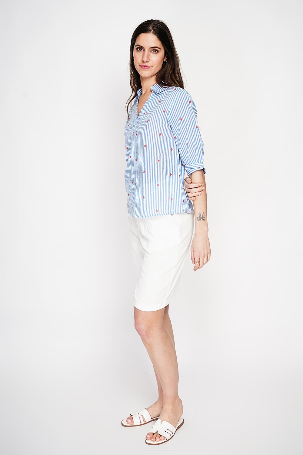 Blouse col chemise à rayure en coeur devant croisé en trapèze à manche 3/4 2