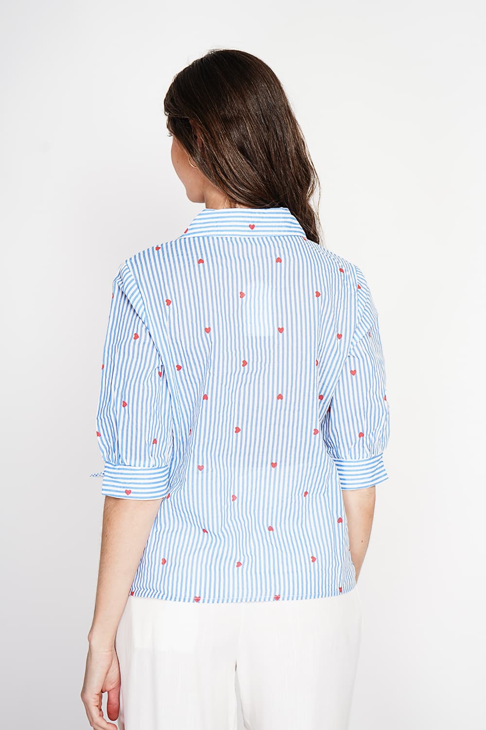 Blouse col chemise à rayure en coeur devant croisé en trapèze à manche 3/4 3