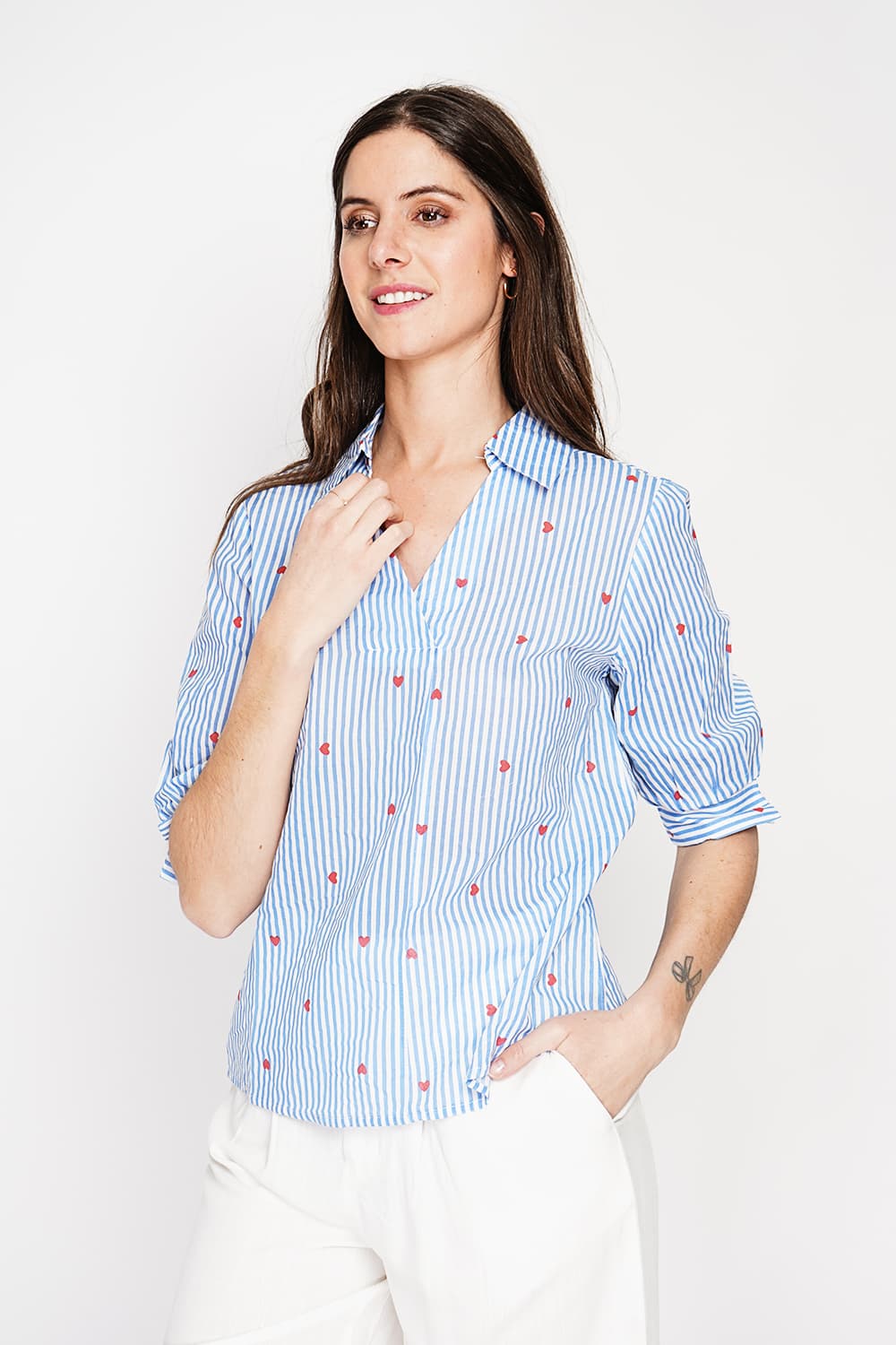Blouse col chemise à rayure en coeur devant croisé en trapèze à manche 3/4 17