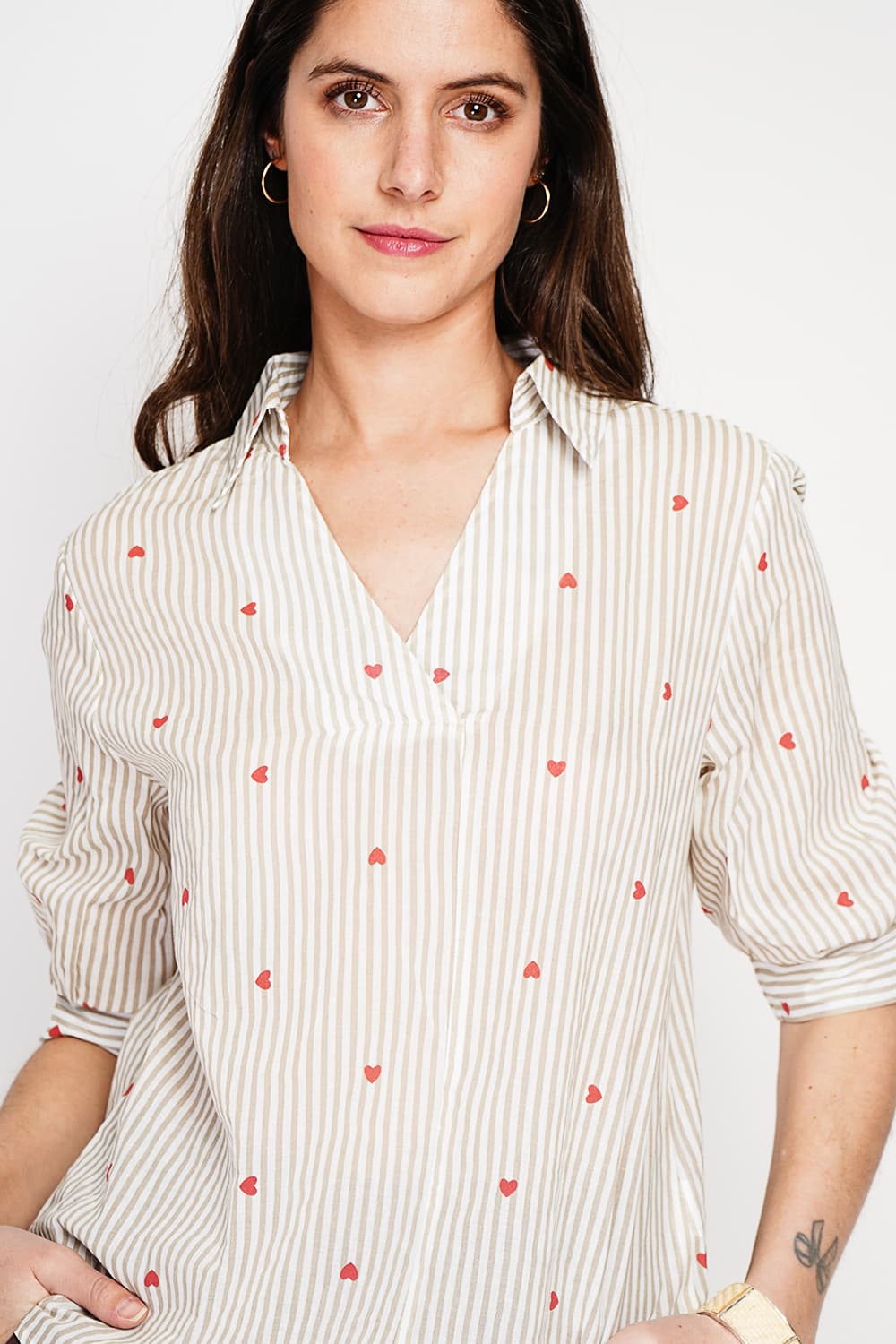 Blouse col chemise à rayure en coeur devant croisé en trapèze à manche 3/4 5