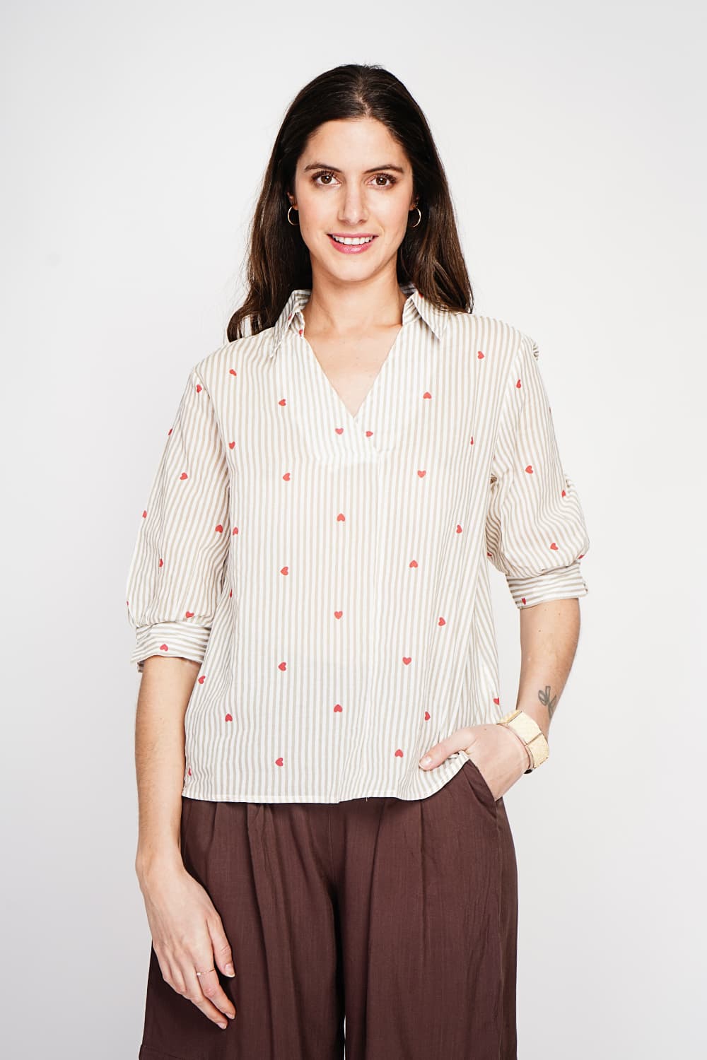 Blouse col chemise à rayure en coeur devant croisé en trapèze à manche 3/4 6