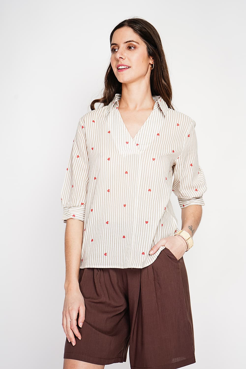 Blouse col chemise à rayure en coeur devant croisé en trapèze à manche 3/4 7