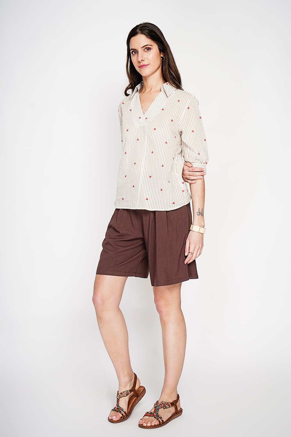 Blouse col chemise à rayure en coeur devant croisé en trapèze à manche 3/4 8