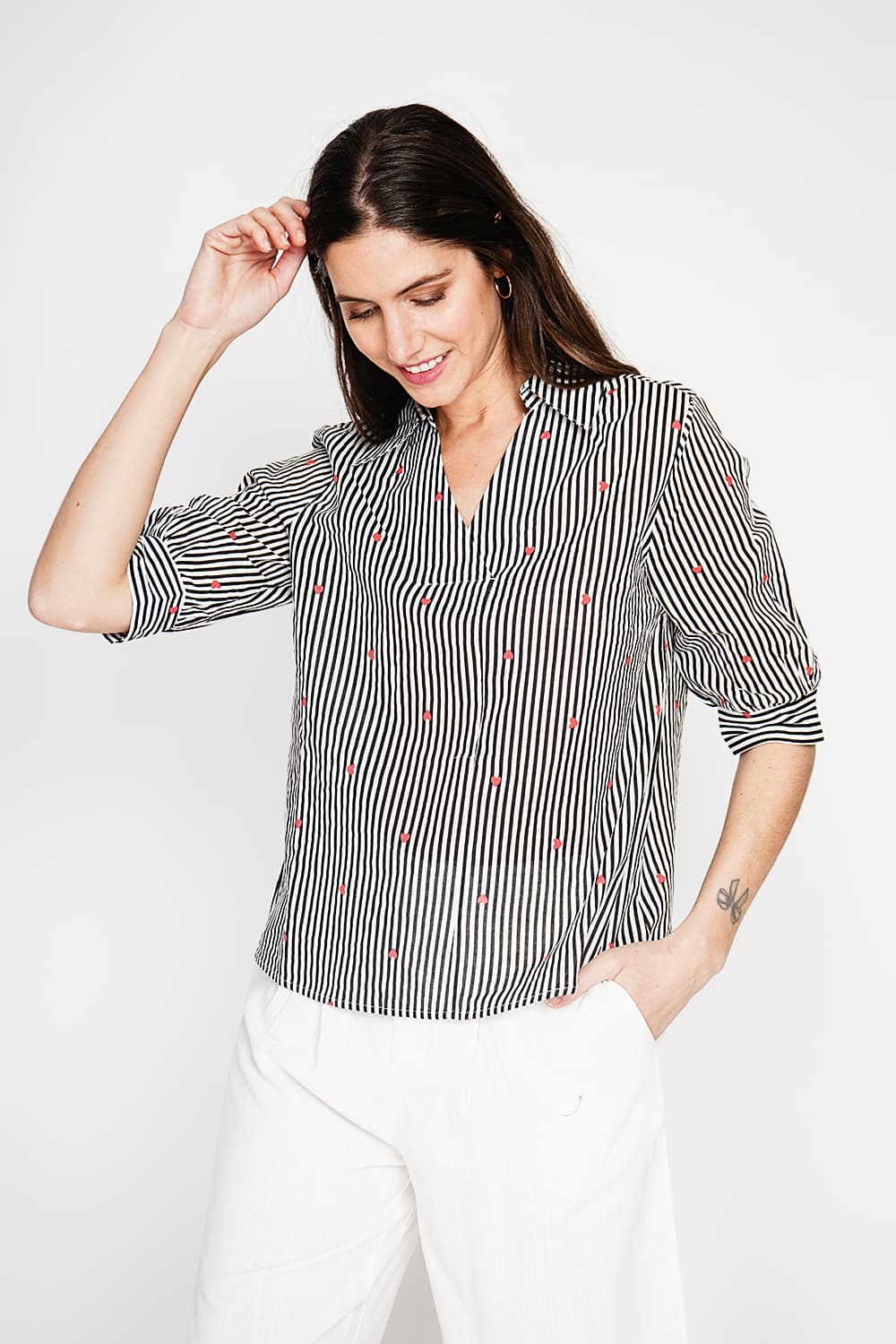 Blouse col chemise à rayure en coeur devant croisé en trapèze à manche 3/4 9