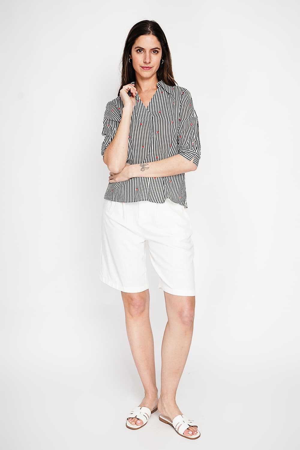 Blouse col chemise à rayure en coeur devant croisé en trapèze à manche 3/4 10