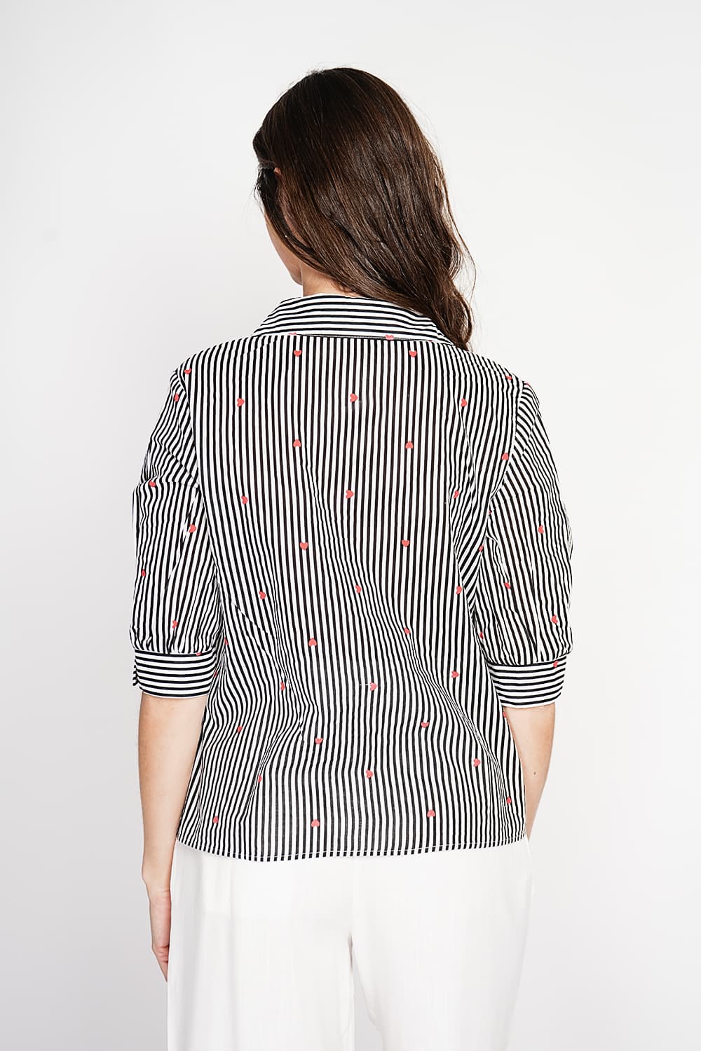 Blouse col chemise à rayure en coeur devant croisé en trapèze à manche 3/4 11