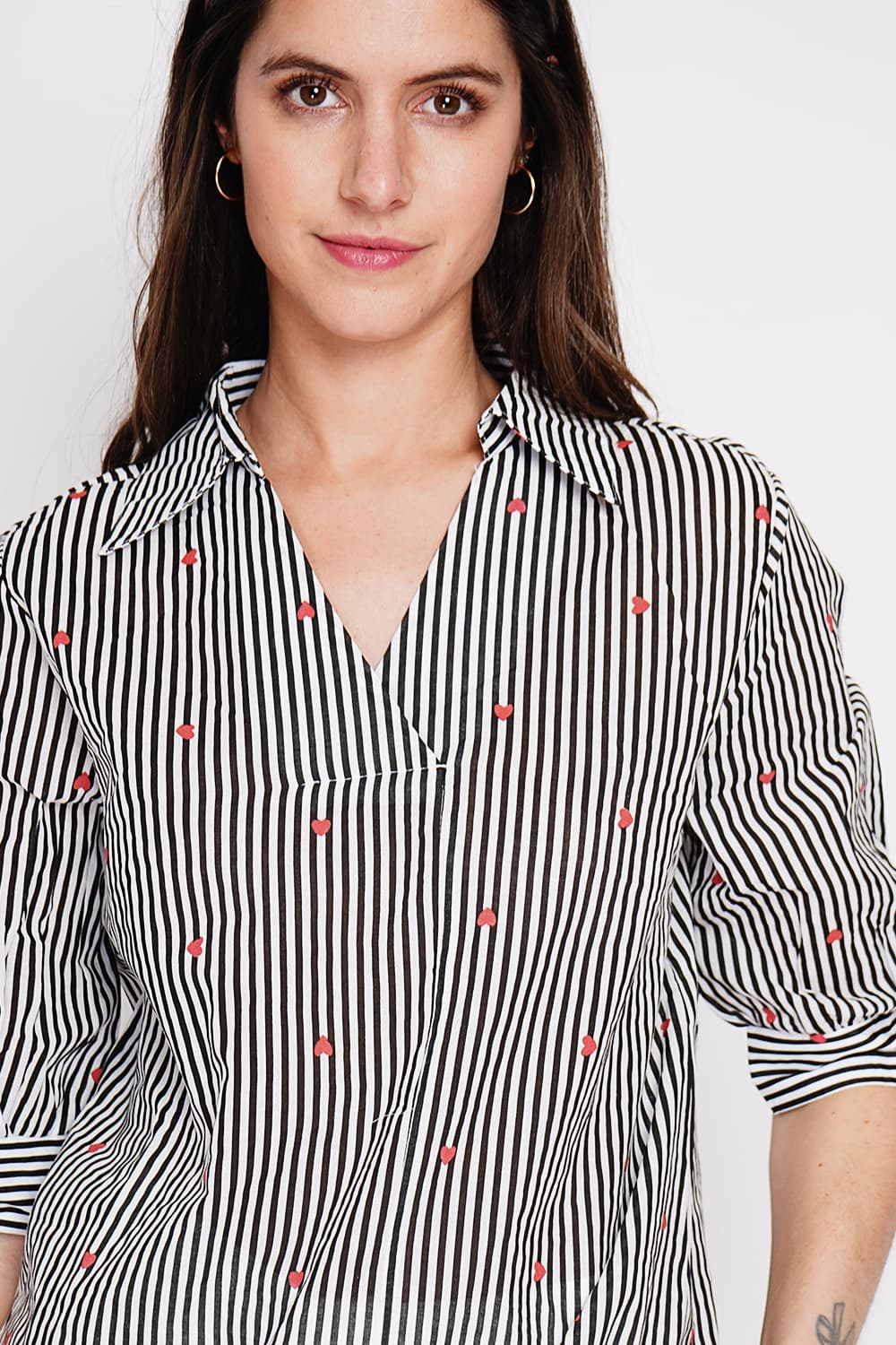 Blouse col chemise à rayure en coeur devant croisé en trapèze à manche 3/4 12