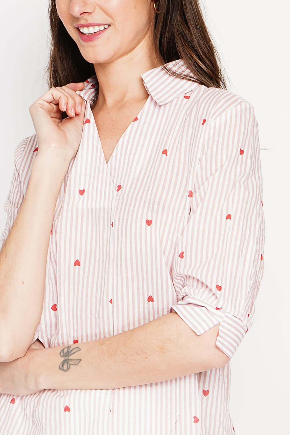Blouse col chemise à rayure en coeur devant croisé en trapèze à manche 3/4 13