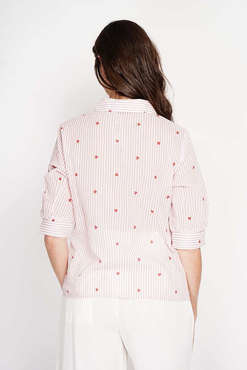 Blouse col chemise à rayure en coeur devant croisé en trapèze à manche 3/4 15