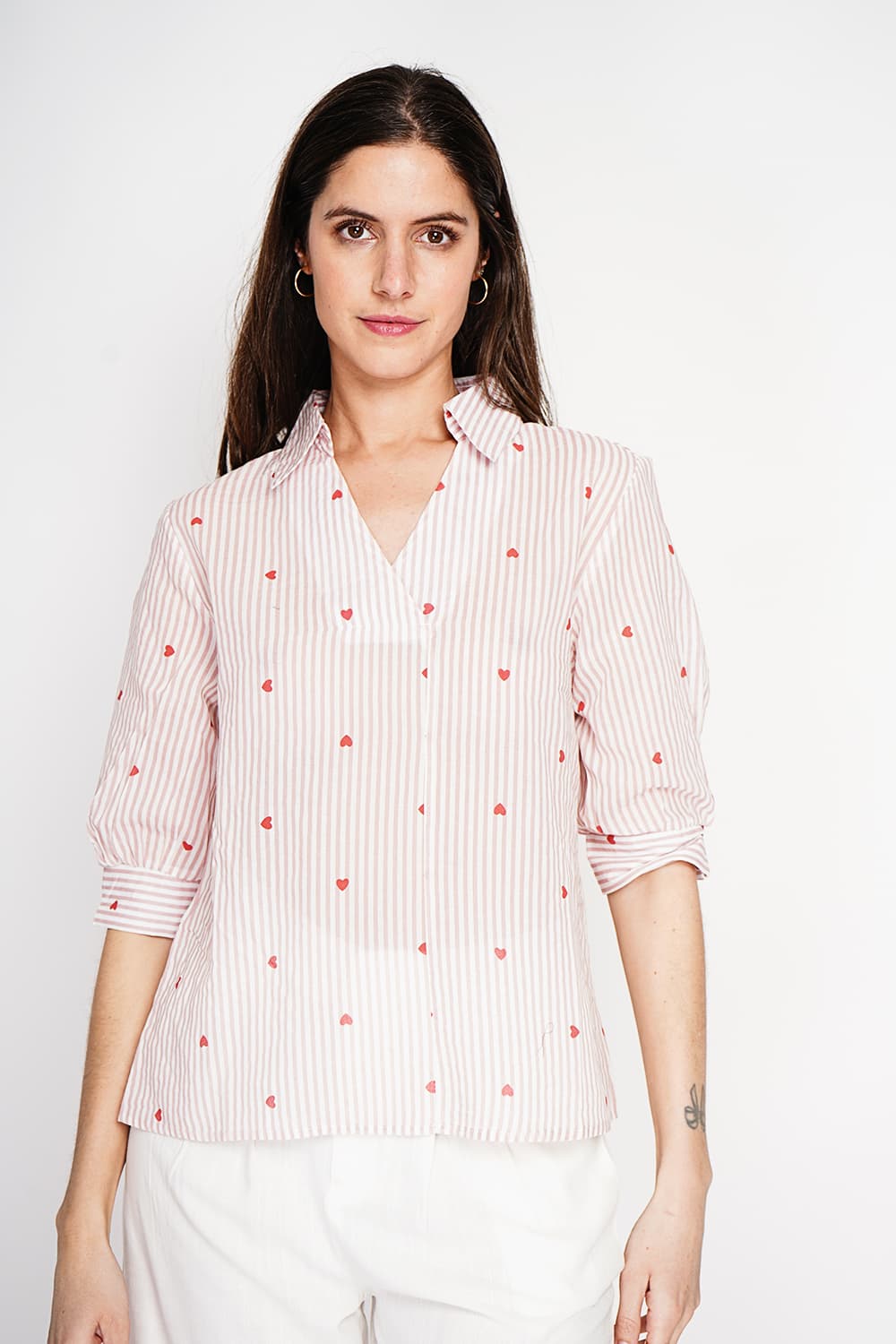 Blouse col chemise à rayure en coeur devant croisé en trapèze à manche 3/4 16