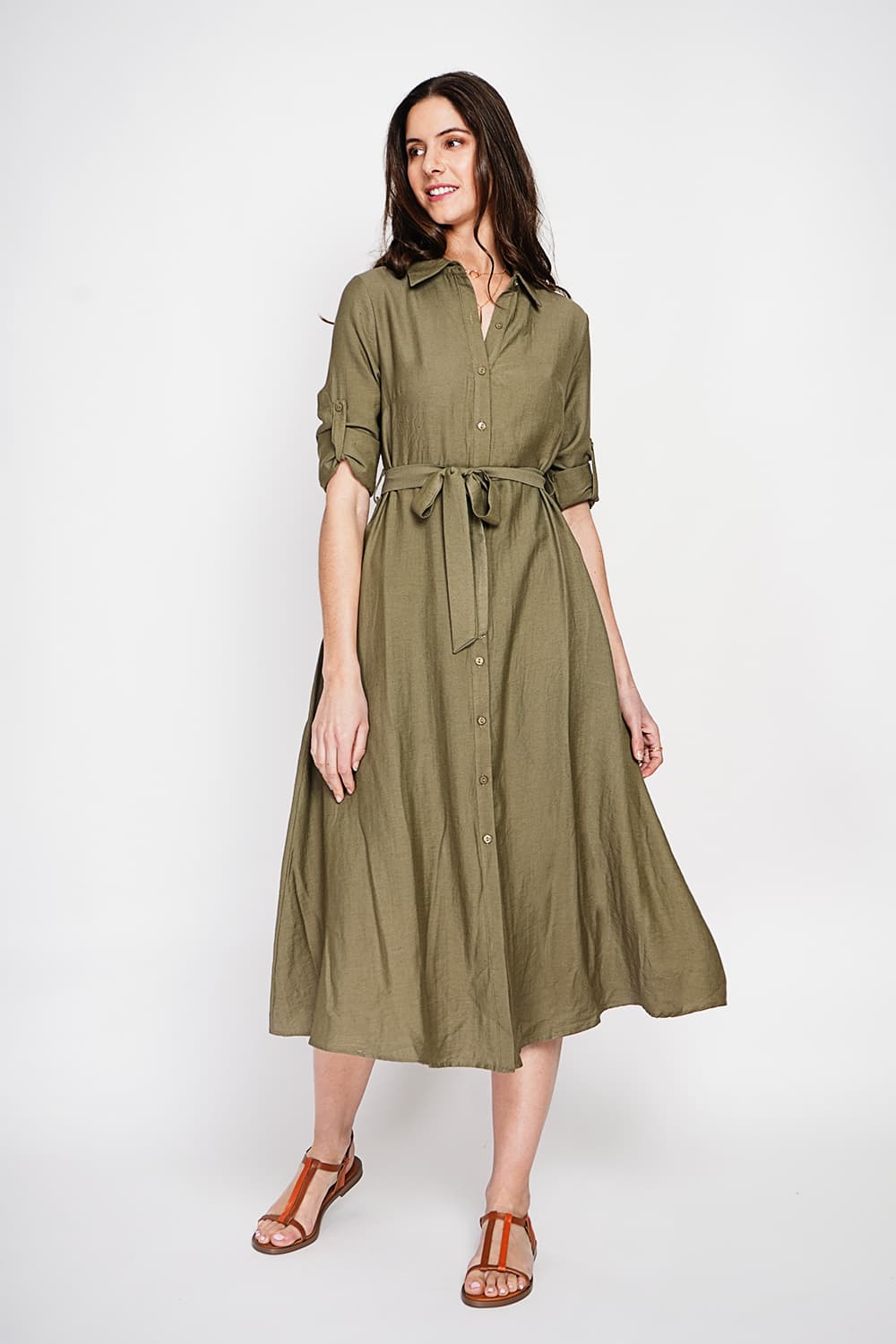 Robe chemise boutonnée devant à manche longue avec ceinture 1
