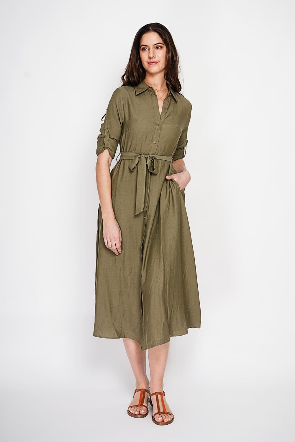 Robe chemise boutonnée devant à manche longue avec ceinture 4