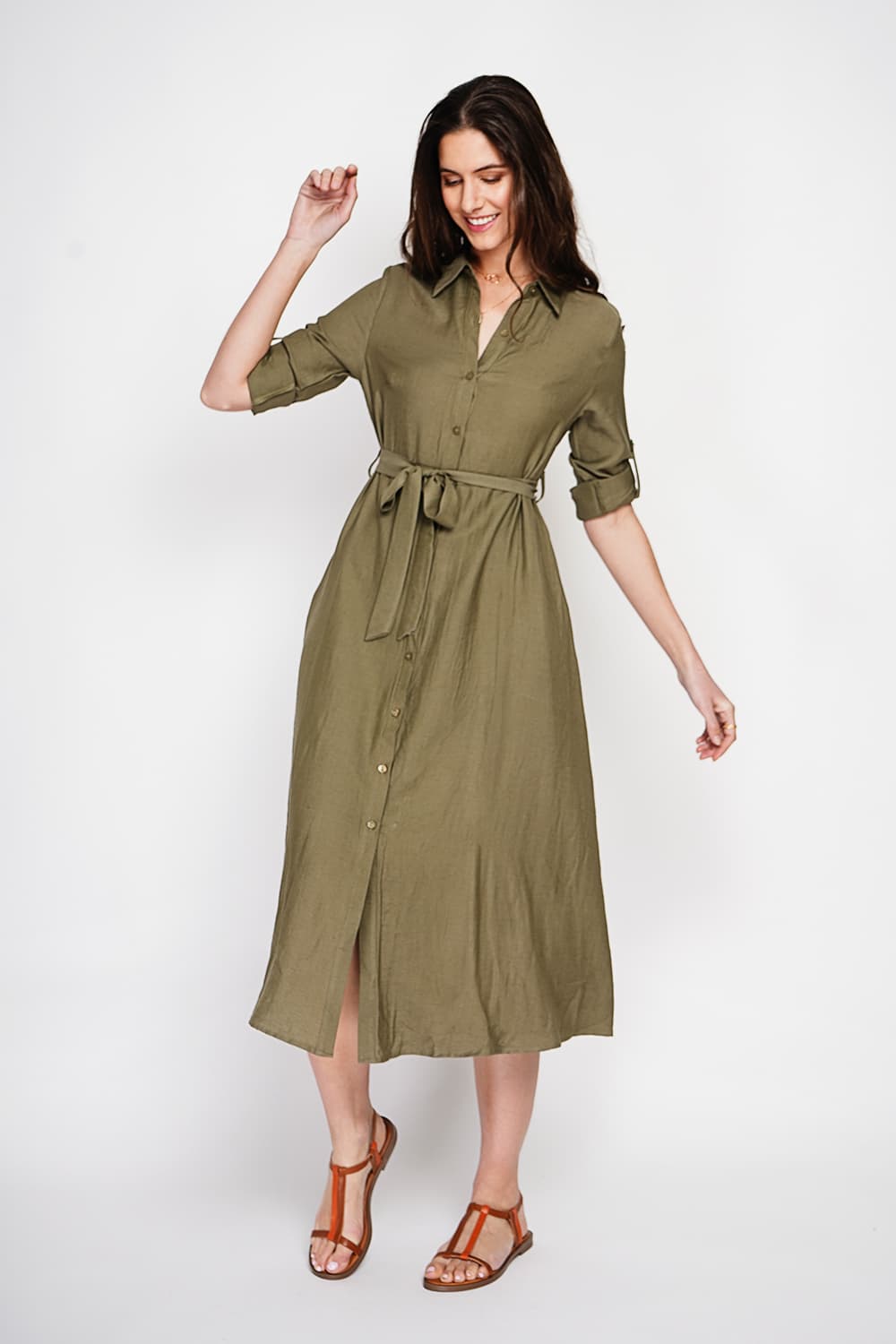 Robe chemise boutonnée devant à manche longue avec ceinture 17